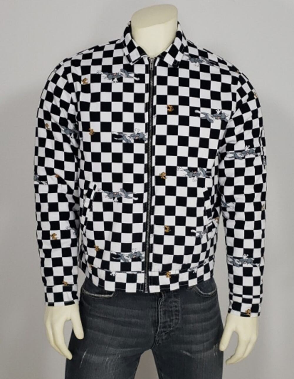 TOM AND JERRY BLACK / WHITE CHECKER ZIP FRONT BOMBER JACKET M